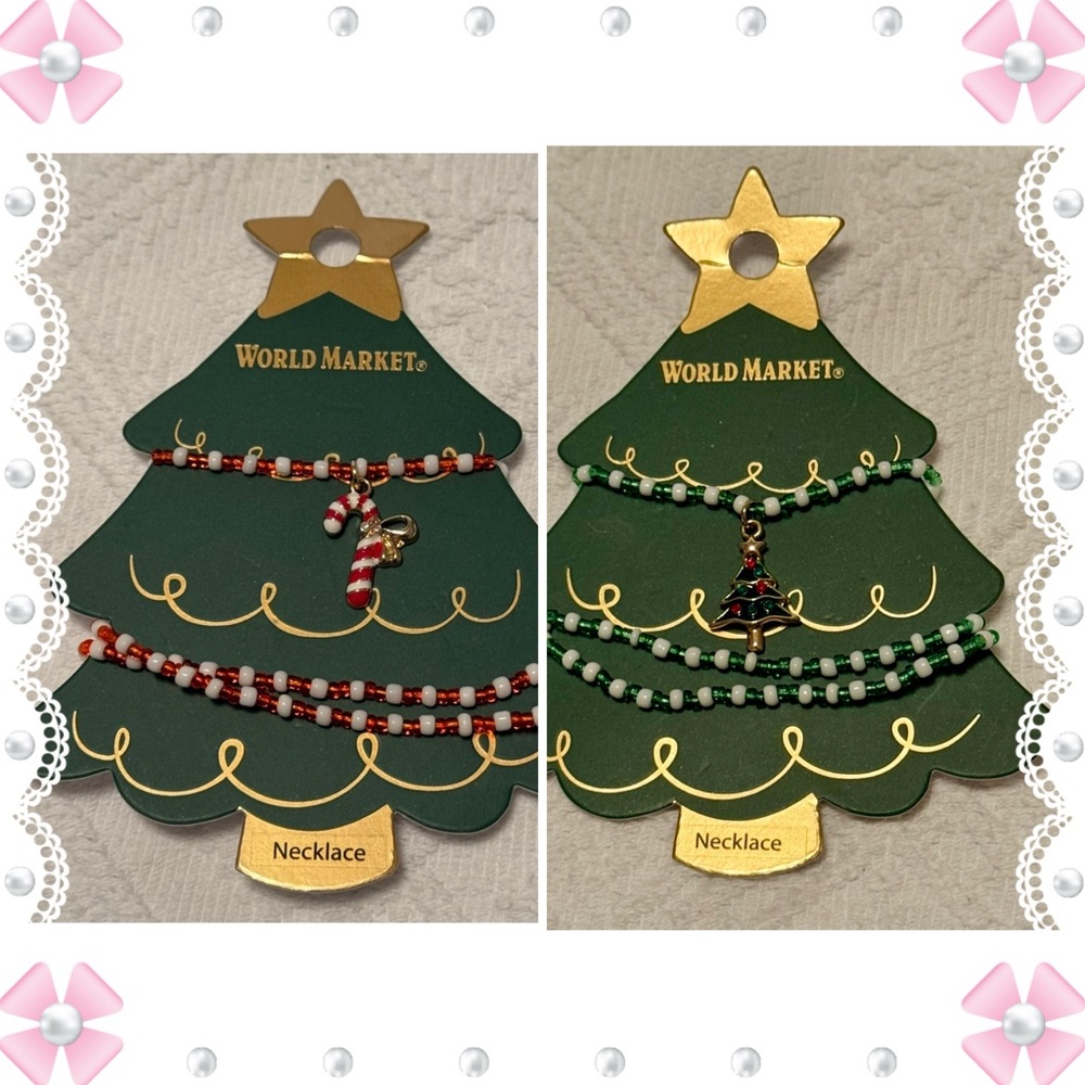 Necklace - set of 2 Christmas beaded - candy cane & Christmas tree - 18-20” New